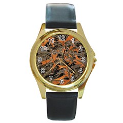 Intricate Abstract Print Round Leather Watch (gold Rim) 