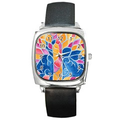 Yellow Blue Pink Abstract  Square Leather Watch