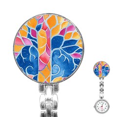 Yellow Blue Pink Abstract  Stainless Steel Nurses Watch