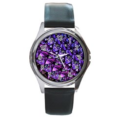  Blue Purple Glass Round Leather Watch (silver Rim)