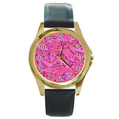 Bright Pink Confetti Storm Round Leather Watch (gold Rim) 