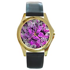 Butterfly Graffiti Round Leather Watch (gold Rim)  by ArtistRoseanneJones