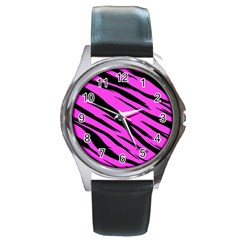 Pink Tiger Round Leather Watch (silver Rim)