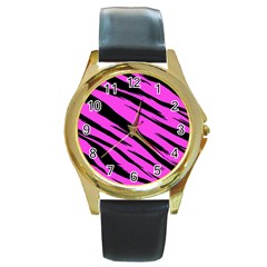 Pink Tiger Round Leather Watch (gold Rim) 