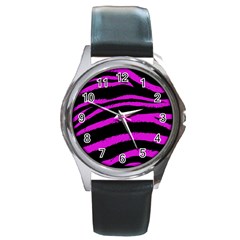 Pink Zebra Round Leather Watch (silver Rim)