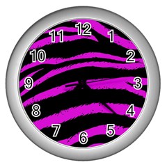 Pink Zebra Wall Clock (silver) by ArtistRoseanneJones