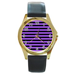 Purple Stripes Round Leather Watch (gold Rim) 