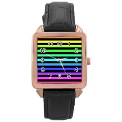 Rainbow Stripes Rose Gold Leather Watch  by ArtistRoseanneJones