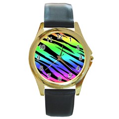 Rainbow Tiger Round Leather Watch (gold Rim)  by ArtistRoseanneJones