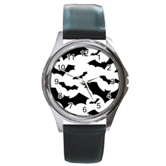 Deathrock Bats Round Leather Watch (silver Rim) by ArtistRoseanneJones