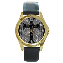 Goth Brocade Cross Round Leather Watch (gold Rim)  by ArtistRoseanneJones