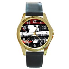 Punk Chick Round Leather Watch (gold Rim) 