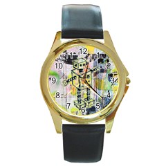 Graffiti Graphic Robot Round Leather Watch (gold Rim) 