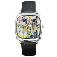 Graffiti Graphic Robot Square Leather Watch