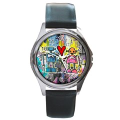 Graffiti Pop Robot Love Round Leather Watch (silver Rim)