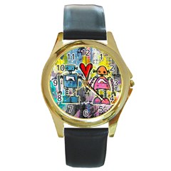 Graffiti Pop Robot Love Round Leather Watch (gold Rim) 