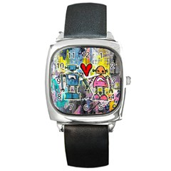 Graffiti Pop Robot Love Square Leather Watch by ArtistRoseanneJones