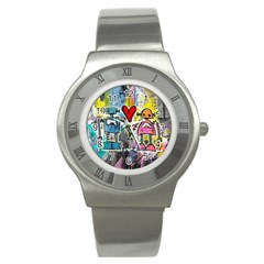 Graffiti Pop Robot Love Stainless Steel Watch (slim) by ArtistRoseanneJones