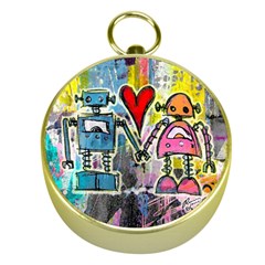 Graffiti Pop Robot Love Gold Compass by ArtistRoseanneJones