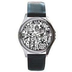 Robot Crowd Round Leather Watch (silver Rim)