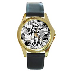 Sketched Robot Round Leather Watch (gold Rim) 