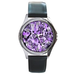 Purple Scene Kid Sketches Round Leather Watch (silver Rim)