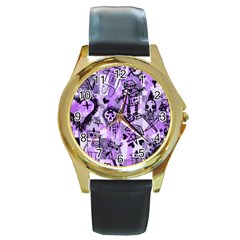 Purple Scene Kid Sketches Round Leather Watch (gold Rim) 