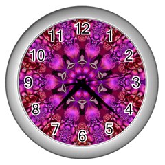 Pink Fractal Kaleidoscope  Wall Clock (silver)