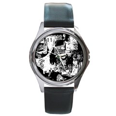 Grunge Skull Round Leather Watch (silver Rim) by ArtistRoseanneJones