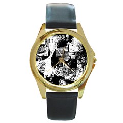 Grunge Skull Round Leather Watch (gold Rim) 