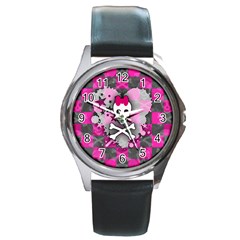 Princess Skull Heart Round Leather Watch (silver Rim) by ArtistRoseanneJones