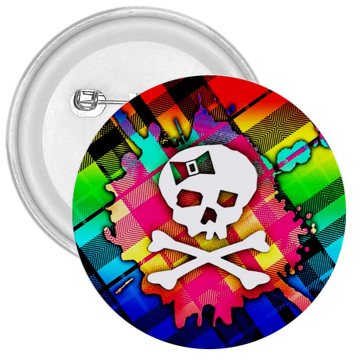 Rainbow Plaid Skull 3  Button