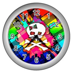 Rainbow Plaid Skull Wall Clock (silver) by ArtistRoseanneJones