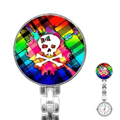 Rainbow Plaid Skull Stainless Steel Nurses Watch