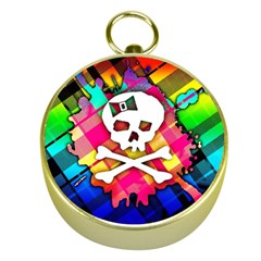 Rainbow Plaid Skull Gold Compass