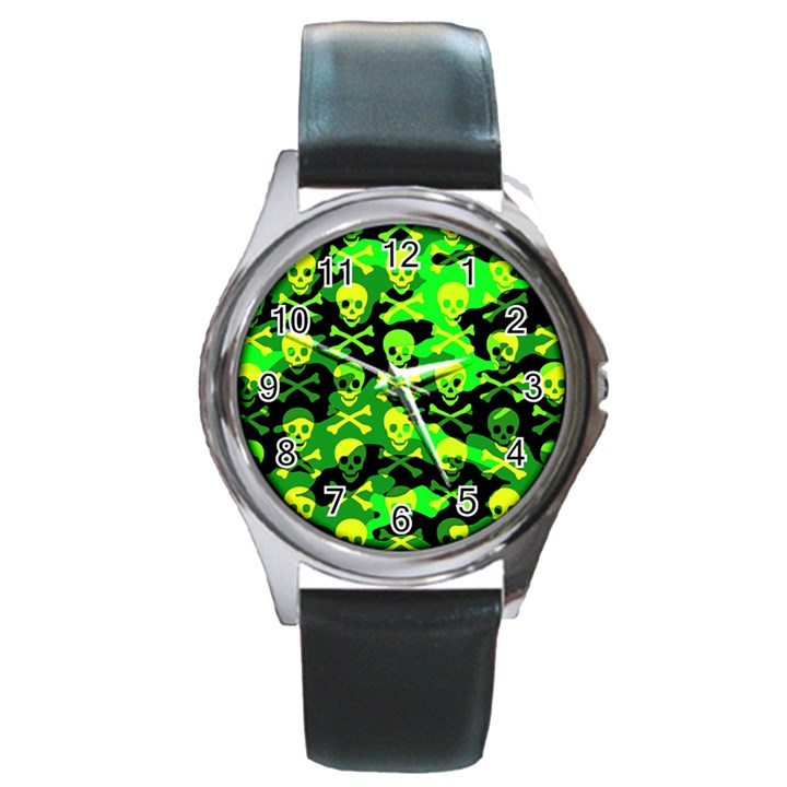 Skull Camouflage Round Leather Watch (Silver Rim)