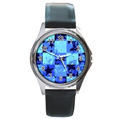 Blue Star Checkers Round Leather Watch (silver Rim) by ArtistRoseanneJones