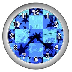 Blue Star Checkers Wall Clock (silver)