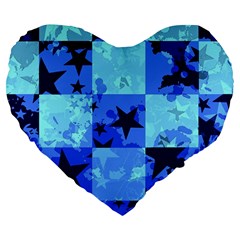 Blue Star Checkers Large 19  Premium Flano Heart Shape Cushion