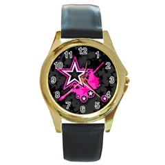 Pink Star Graphic Round Leather Watch (gold Rim)  by ArtistRoseanneJones