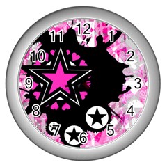 Pink Star Splatter Wall Clock (silver)