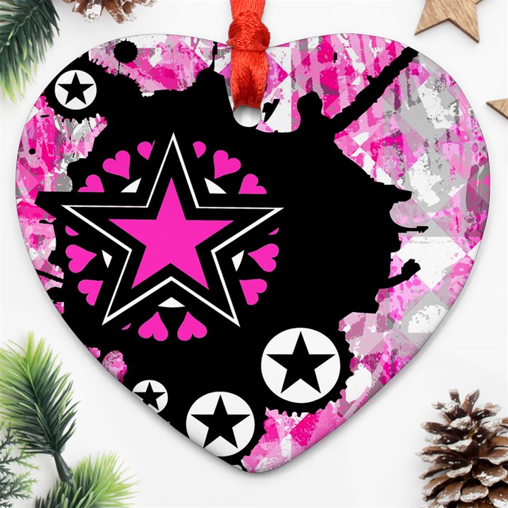 Pink Star Splatter Heart Ornament (Two Sides)