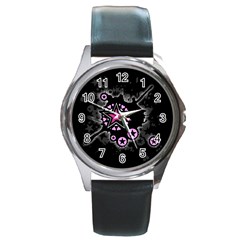 Pink Star Explosion Round Leather Watch (silver Rim)