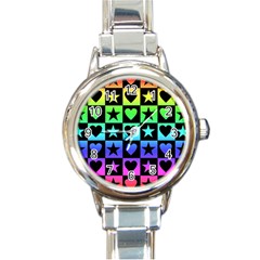 Rainbow Stars And Hearts Round Italian Charm Watch by ArtistRoseanneJones