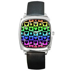 Rainbow Stars And Hearts Square Leather Watch