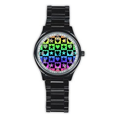 Rainbow Stars And Hearts Sport Metal Watch (black) by ArtistRoseanneJones