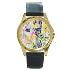 Graffiti Graphic Round Leather Watch (gold Rim) 