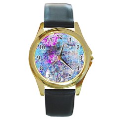 Graffiti Splatter Round Leather Watch (gold Rim) 