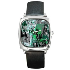 Green Urban Graffiti Square Leather Watch by ArtistRoseanneJones