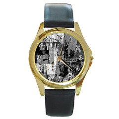 Urban Graffiti Round Leather Watch (gold Rim) 